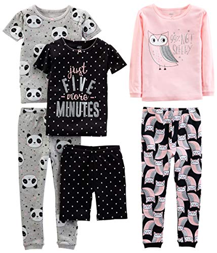Simple Joys By Carter'S Mädchen 6-Piece Snug Fit Cotton Pajama Pyjama-Set, Grau Panda/Rosa Eule/Schwarz Punkte, 24 Monate (3Er Pack)