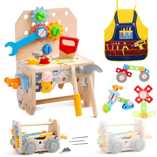 Werkzeugkoffer Kinder Werkbank Spielzeug Ab 2 Jahre, Kinderwerkzeug Holzwerkzeug Montessori Spielzeug Ab 2 3 4 Jahre Junge Mädchen, 3 In 1 Werkzeug Kinder Lernspiele Geschenk Junge 2+ Jahre(52 Stück)