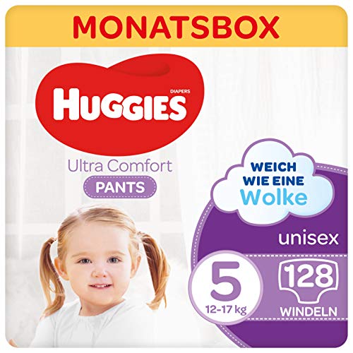 Huggies Ultra Comfort Pants Größe 5, 12 Bis 17 Kg, Für Aktive Kinder, Mit Nässeindikator Und Wolken-Taillenbündchen-Technologie, 128 Windeln, Monatsbox, Monatspack, Großpackung